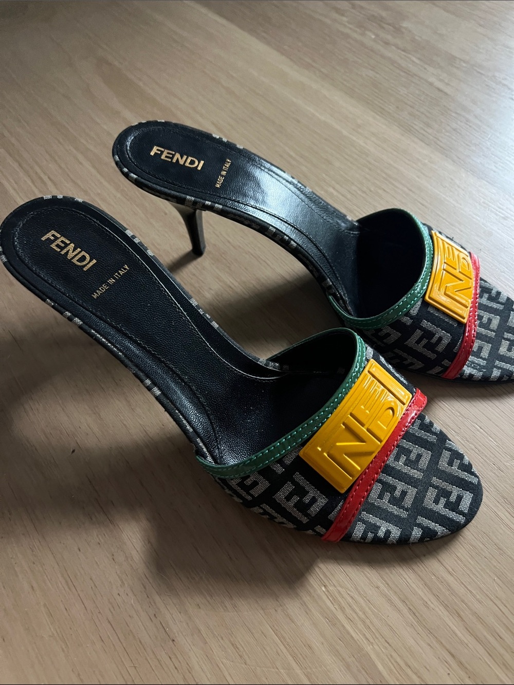 Fendi Black FF Logo Heeled Mules with Yellow, Green and Red Trim